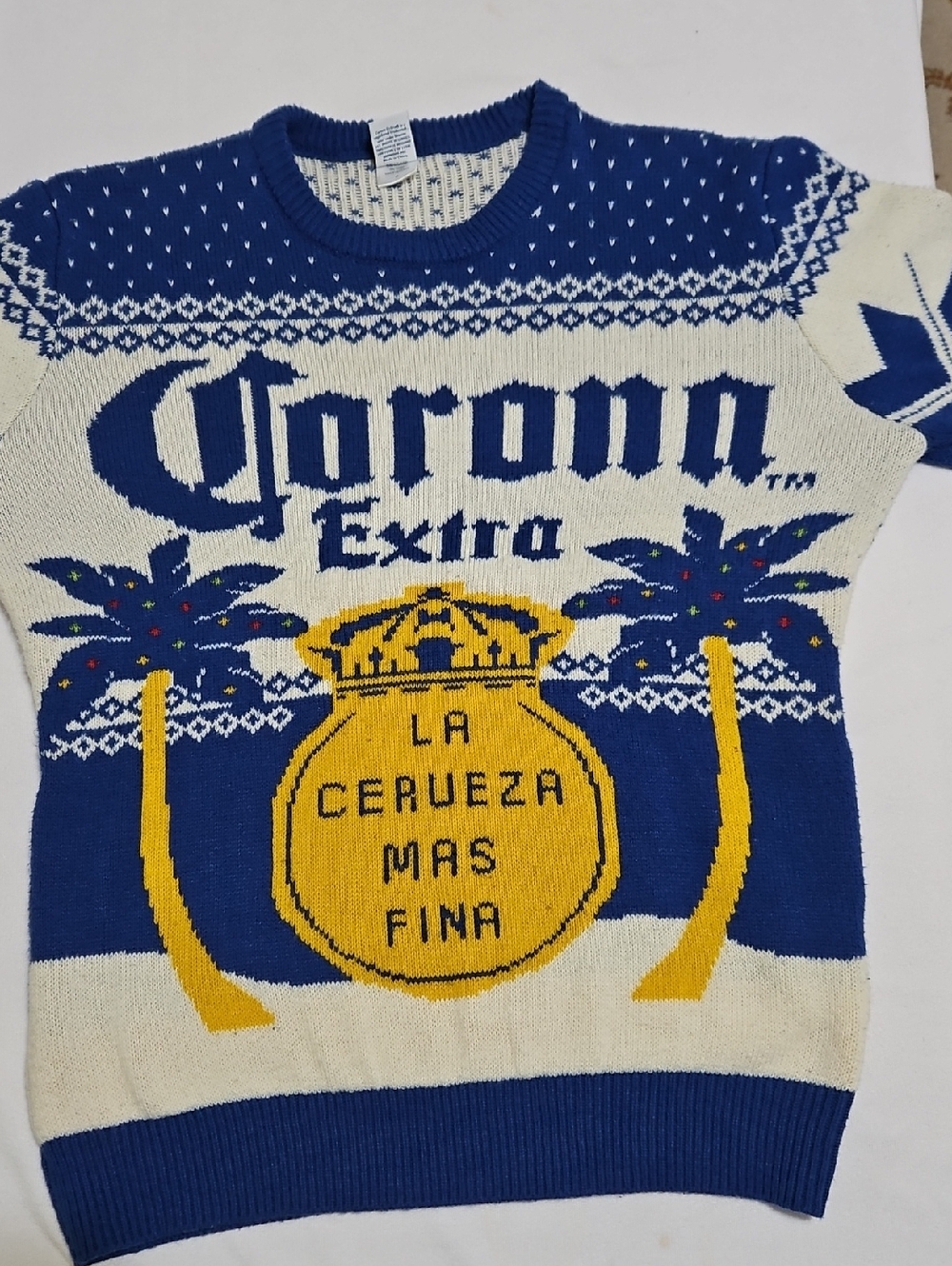 Corona Men’s Blue, Cream & Yellow Logo Crewneck Sweater